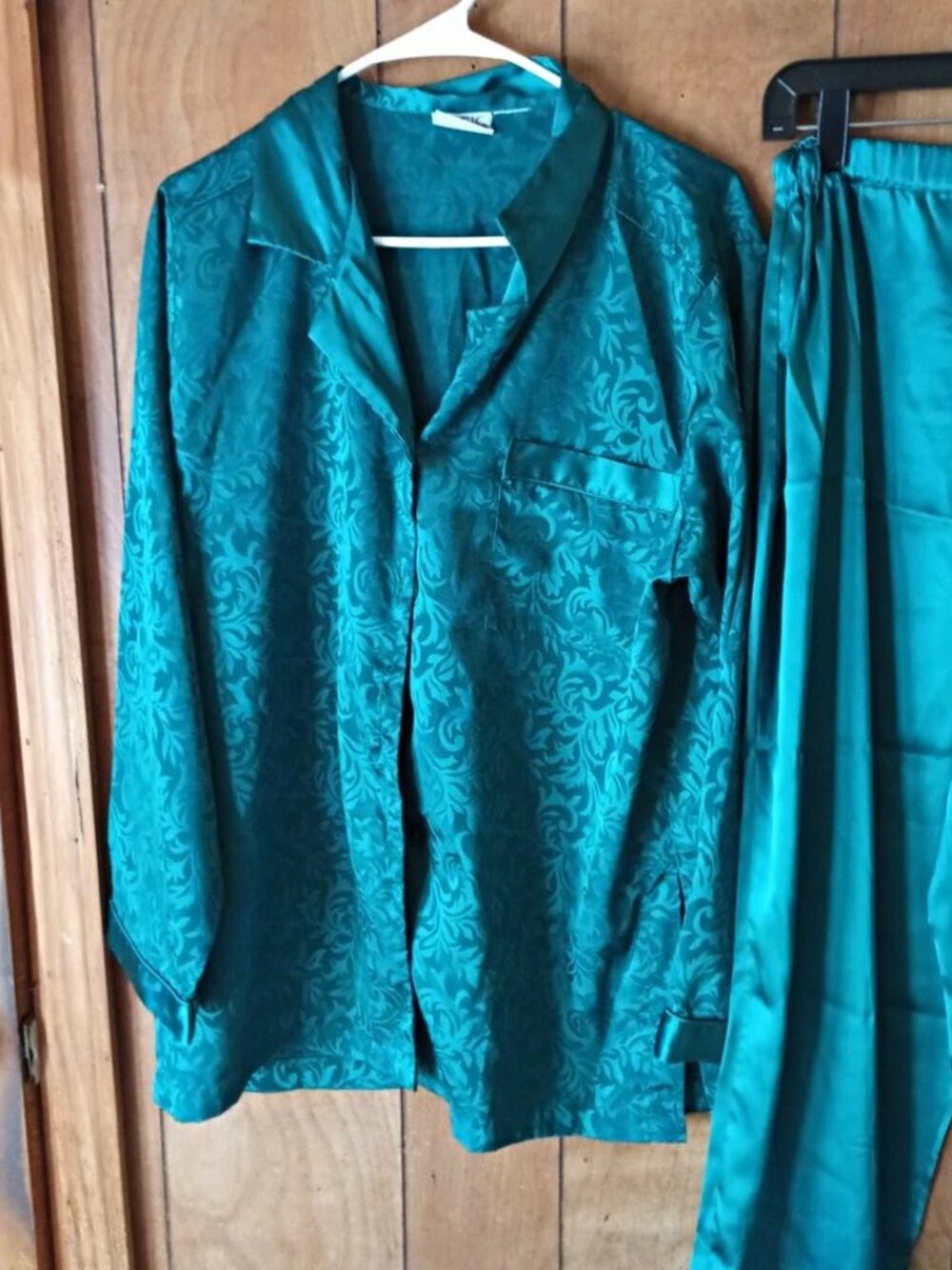 Basic Editions Women’s Pajama Set M Teal Satin Floral Jacquard Button Elastic